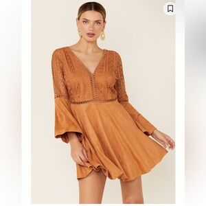 Eyelet Cut Out Western Faux Suede Dress Burnt Orange Tan Color with Bell Sleeves